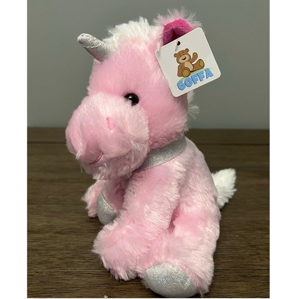 Goffa Pink Unicorn‎ Plush Stuffed Animal Silver Glitter Horn 8" New with Tags